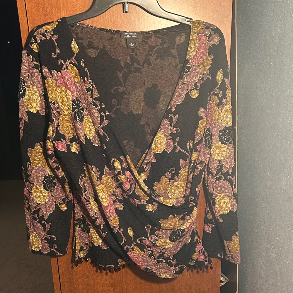 Dress Barn Collection Black and Gold Floral Blouse with  Black Beads - Large